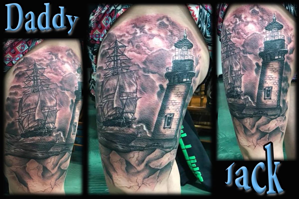 Ship & Lighthouse by Daddy Jack Tattoos